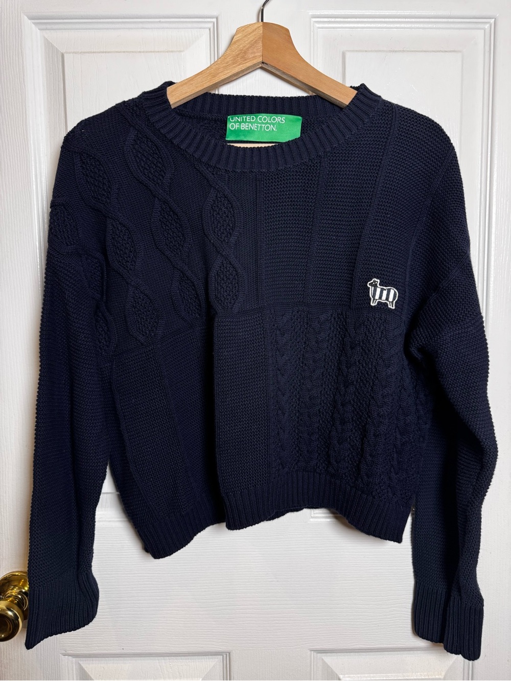 United Colors of Benetton Navy Patchwork Cable Knit Cotton Sweater S Oversized